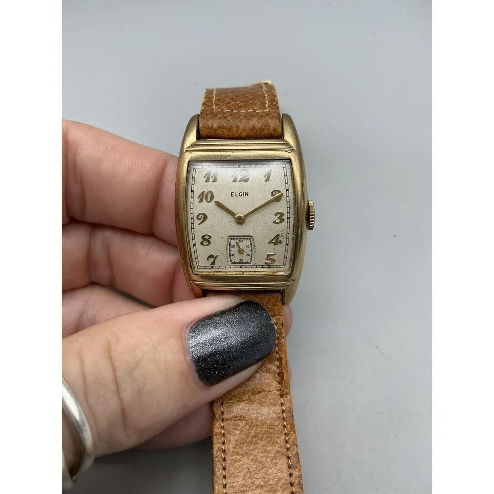 Vintage Elgin Tank Mens Watch 25mm Silver Gold Tone Brown Leather Manual Wind